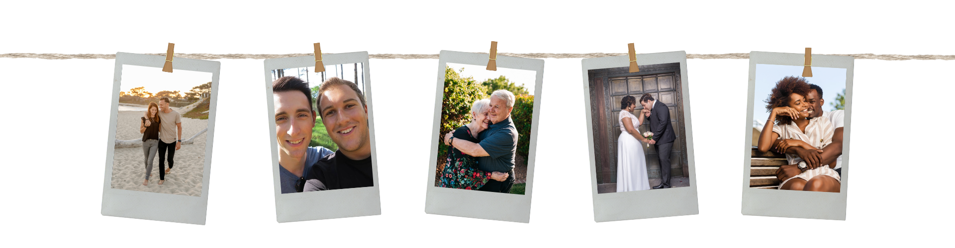 Polaroid couples photos hanging from a string