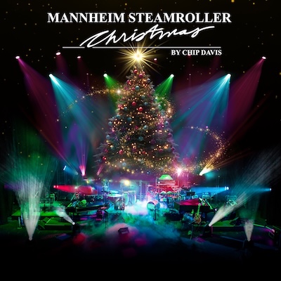 Logo for Mannheim Steamroller Christmas by Chip Davis and a sparkly large Christmas tree